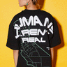 Bonkers Corner oversized T-shirt featuring bold "Humans Aren't Real" graphic design in black and white.
