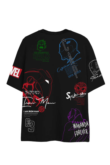 Bonkers Corner Marvel Assemble oversized T-shirt in black, featuring bold graphic print, casual fit, and comfortable fabric.
