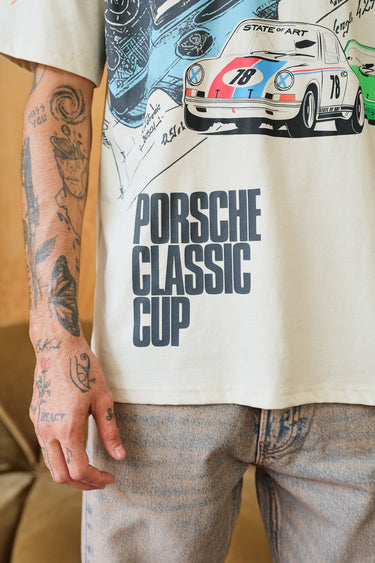 Bonkers Corner oversized Porsche 1985 T-shirt in XXS, featuring a vintage Porsche graphic on soft fabric.