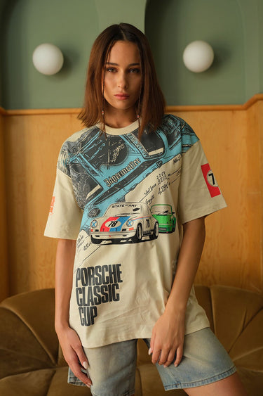 Bonkers Corner oversized Porsche 1985 T-shirt in XXS size, featuring vintage-inspired automotive graphic design.