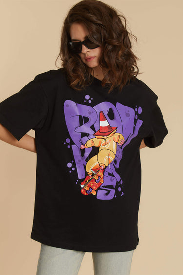 Bonkers Corner Signature Cone Man oversized T-shirt in black, featuring a bold graphic design on the front.
