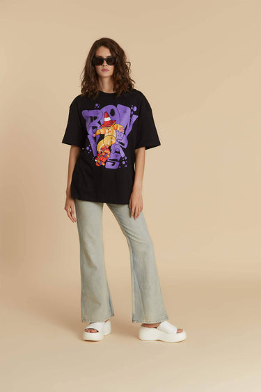 Bonkers Corner Signature Cone Man oversized T-shirt in black, featuring a bold graphic print on the front.