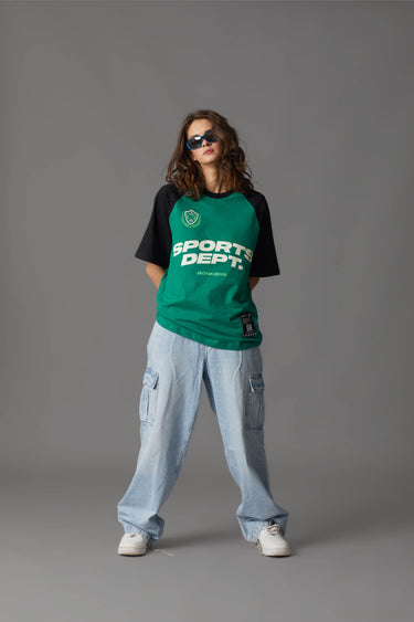Bonkers Corner Sports Dept oversized T-shirt in XS shown on model, featuring a relaxed fit and sports-inspired style.