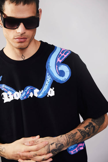 Bonkers Corner Takeover Oversized T-Shirt in black, featuring bold graphic design and relaxed fit for casual style.