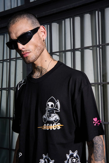 Bonkers Corner Tokidoki oversized T-shirt with colorful all-over print, featuring playful characters on soft fabric.