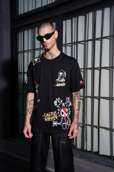 Light gray Tokidoki oversized T-shirt by Bonkers Corner featuring colorful cartoon characters on the front.
