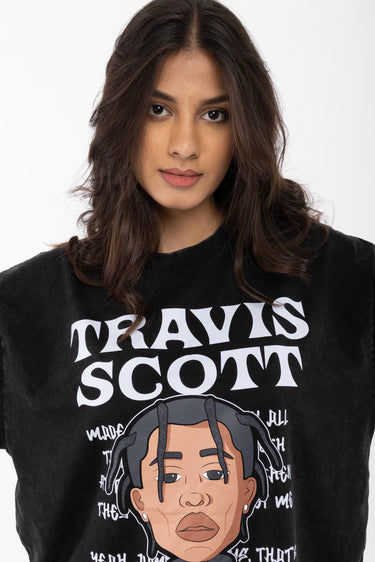 Bonkers Corner Travis Scott Faded oversized T-shirt in black, featuring graphic print and relaxed fit.