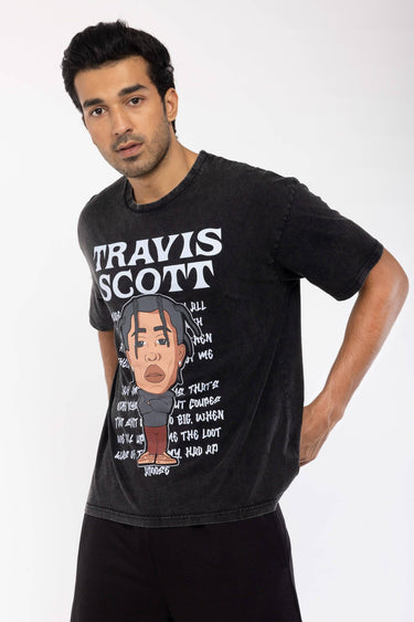 Bonkers Corner Travis Scott Faded oversized T-shirt in black with graphic print, relaxed fit, and short sleeves.