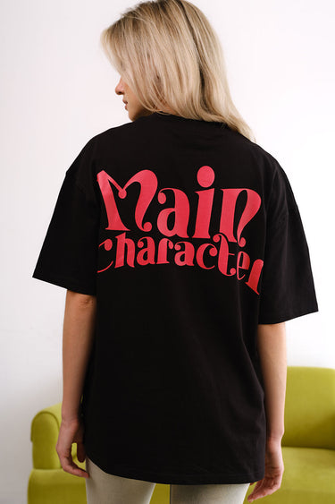 Black oversized T-shirt featuring a main character print from BonkersCorner, casual fit, front view, lightweight cotton fabric.