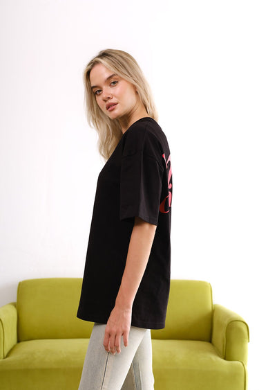 Black oversized T-shirt featuring a main character graphic from BonkersCorner store, casual fit, front view.