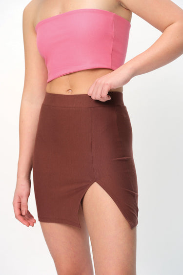 Mocha solid A-line slit skirt from BonkersCorner store, showcasing the flowy fabric and stylish slit design.