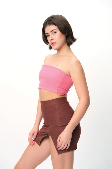 Mocha solid A-line slit skirt by BonkersCorner, featuring a flowing silhouette and side slit, shown on a model.
