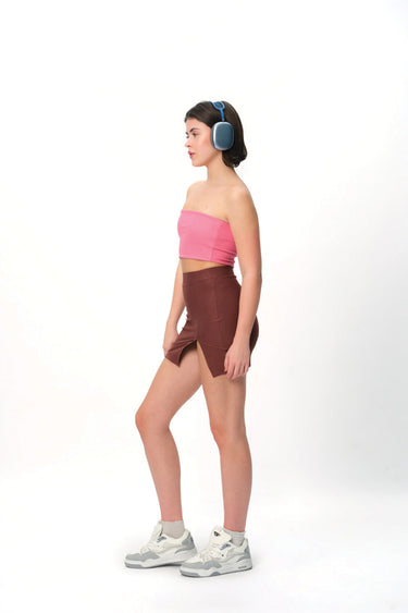 Mocha solid A-line slit skirt from BonkersCorner store, featuring a flowy design and stylish slit detail.