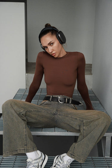 Brown Full Sleeves Polyamide Top - BonkersCorner