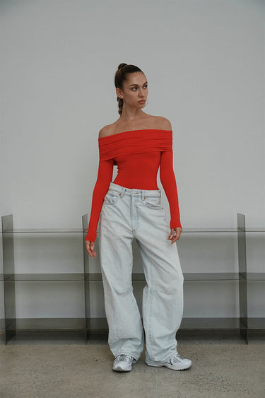 Red Off Shoulder Polyamide Bodysuit - BonkersCorner
