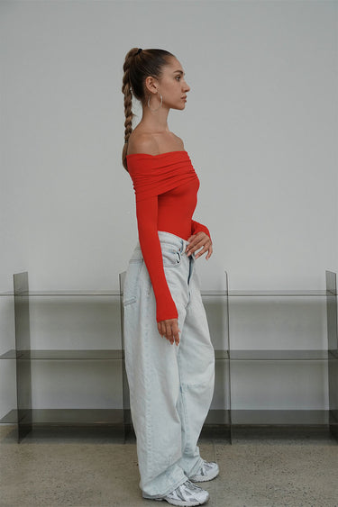 Red Off Shoulder Polyamide Bodysuit - BonkersCorner