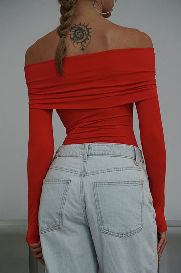 Red Off Shoulder Polyamide Bodysuit - BonkersCorner