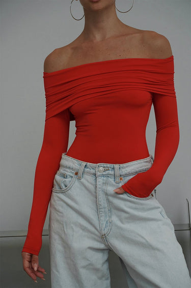 Red Off Shoulder Polyamide Bodysuit - BonkersCorner