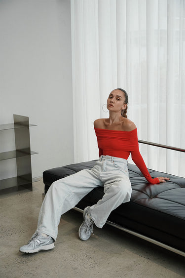 Red Off Shoulder Polyamide Bodysuit - BonkersCorner
