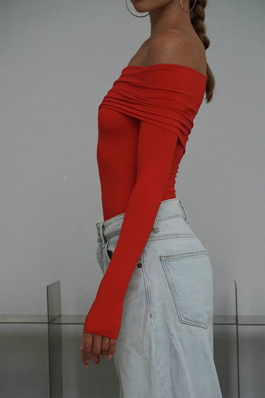 Red Off Shoulder Polyamide Bodysuit - BonkersCorner
