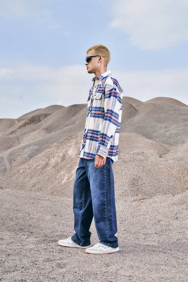 Vintage Blue Premium Thick-Thin Plaid Oversized Shirt - BonkersCorner
