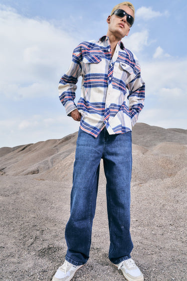 Vintage Blue Premium Thick-Thin Plaid Oversized Shirt - BonkersCorner