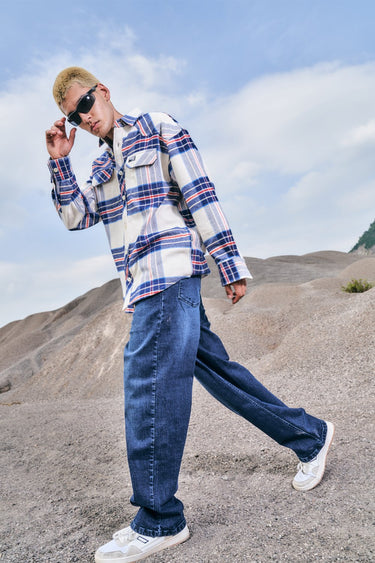 Vintage Blue Premium Thick-Thin Plaid Oversized Shirt - BonkersCorner
